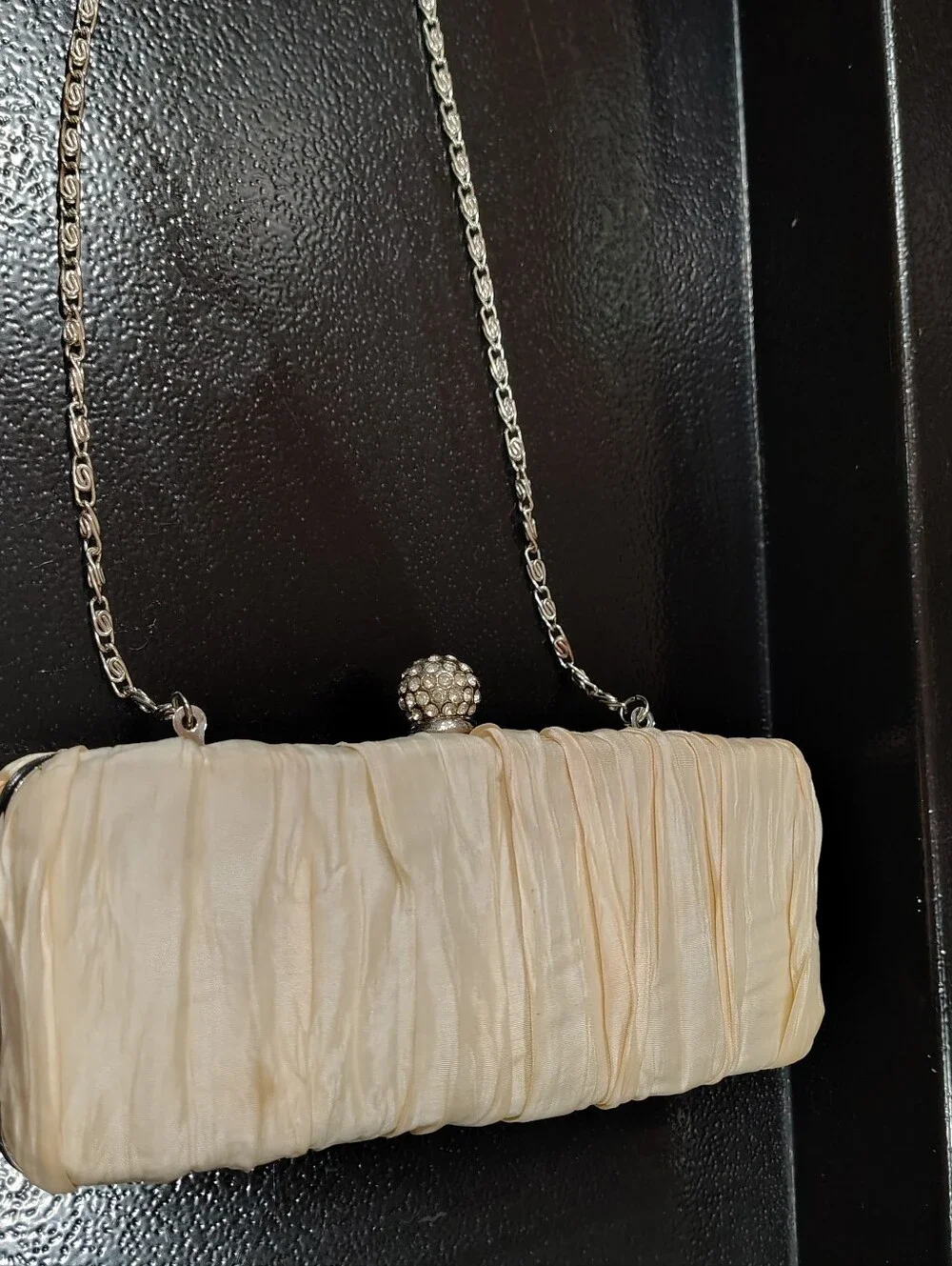 Y2K Jessica McClintock VTG Ivory Evening Bag, Rhinestone Clasp Clutch Crossbody